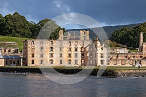 View across bay to ruins of 19th century penal colony