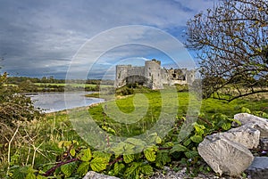 A view across a bramble topped wall of the Carew River and the ruins of the old castle in Pembrokeshire, UK