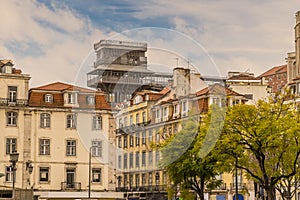 A view across the Central Square towards the Holy Fair lift in the Alfama distict in the city of Lisbon