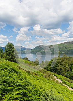 View across Derwent Water to Castlerigg Fell and Bleaberry Fell Lake District England UK