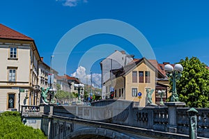 A view across the Dragon Bridge over the River Ljubljanica in Ljubljana