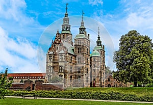 A view across the grounds to the castle in Rosenborg, Copenhagen, Denmark