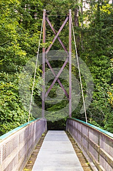 A view across the Inverted Bowstring Bridge across the Roe river in the Roe Valley country park near Limavady in County Londonderr