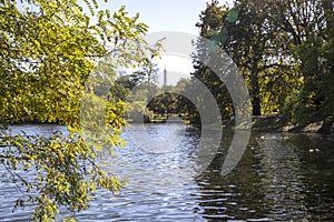 View across the lake in the Bois de Boulogne in Paris