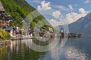 View across lake Hallstattersee to World Heritage lakeside town in the Austrian Alps, Hallstatt, Salzkammergut Austria