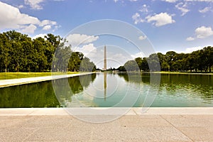 View across the Lincoln Memorial Reflecting Pool towards the Washington Monument, National Mall, Washington DC