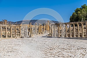 A view across the Oval Plasa in the ancient Roman settlement of Gerasa in Jerash, Jordan