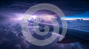 View across plane wing, flying over storm clouds and lightning in sky