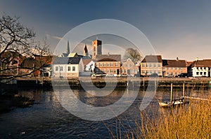 View across the river on the historical center of town Ribe, Denmark