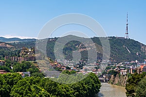 View across the River Mtkvari over the Old Town district towards the Tbilisi TV Tower on Mtatsminda mountain