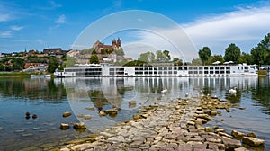 View across river Rhine to the Muensterberg hill with St. Stephansmuenster cathedral, Breisach am Rhein