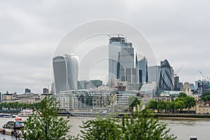 A view across the river Thames of one of London\'s modern high-rise buildings districts. London, England