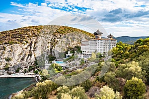 View across rocky cove  rugged cliffs of Pamukkale