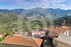 View across the roof tops of Castiglione di Sicilia, Sicily, Italy towards Francavila