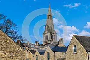 A view across the rooftops towards Saint Marys Church in Stamford, Lincolnshire, UK