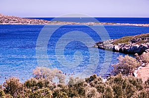 View across the sea from Imeri Gramvousa to Cape Gramvousa, Kissamos, Crete, Greece