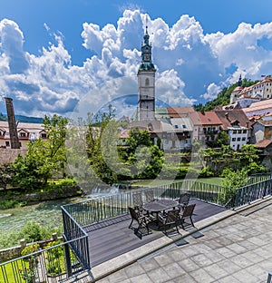 A view across the Selca Sora river at the weir in the old town of Skofja Loka, Slovenia