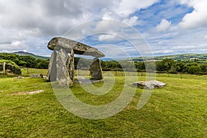 A view across the site of the ancient burial chamber at Pentre Ifan in the Preseli hills in Pembrokeshire, Wales