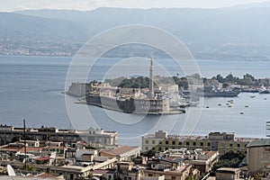 View across the straits of Messina from the Sacrario Militare Cristo Re Messina Italy