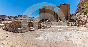 A view across temple ruins in the ancient city of Petra, Jordan