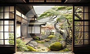 View across the terrace of a Japanese house into a traditional well-kept Japanese garden, made with generative ai