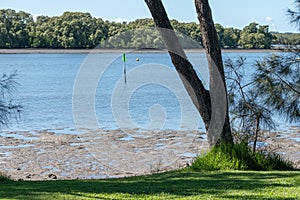 View across to Little Goat Island at low tide in Pumicestone Passage, Queensland, Australia