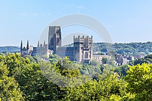 A view across the treetops towards the Cathedral in Durham, UK