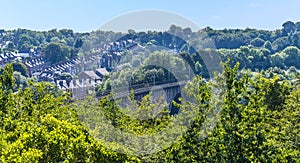 A view across the treetops towards the Victoria viaduct in Durham, UK