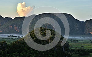 View across the Vinales Valley in Cuba. Morning twilight and fog.