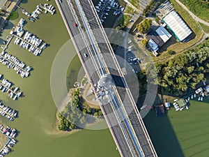 View of Ada Ciganlija from aerial drone and Most na Adi bridge over Sava River. Belgrade - Serbia