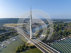 View of Ada Ciganlija from aerial drone and Most na Adi bridge over Sava River. Belgrade - Serbia