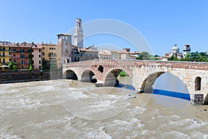 View of the Adige river and St Peter bridge arch, Verona,