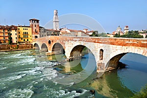 View of Adige river and St Peter bridge, Verona