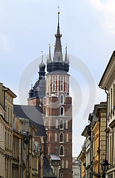 view from the adjacent streets to the Mariacki Church in Krakow