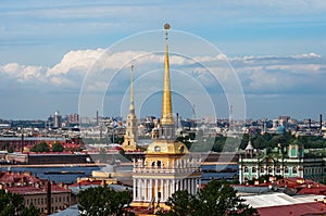 View of Admiralty building and Peter and Paul Fortress from St. Isaac`s Cathedral, St. Petersburg, Russia