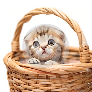 view Adorable Scottish fold kitten captured standing lovably in a basket