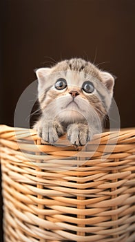 view Adorable Scottish fold kitten captured standing lovably in a basket