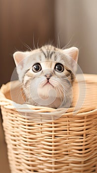 view Adorable Scottish fold kitten captured standing lovably in a basket