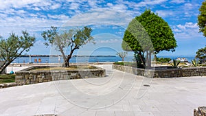 View of the Adriatic Sea from the foot of the \'Church of St Bernardine\'  Portoroz  Piran  Obalno-kraska  Slovenia