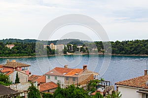 View of the Adriatic Sea with the roofs of the typical croatian houses and the green vegetation in the land, in Rovinj, Croatia