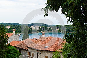 View of the Adriatic Sea with the roofs of the typical croatian houses and the green vegetation in the land, in Rovinj, Croatia