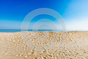 View of the Adriatic Sea from the sandy beach in Pesaro, Italy