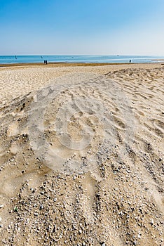 View of the Adriatic Sea from the sandy beach in Pesaro, Italy