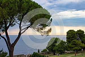 View of the Adriatic Sea from the viewpoint of the square of the Church of St Euphemia in Rovinj, Croatia, during the sunset, with