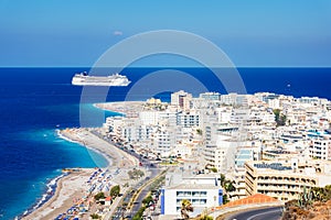 View of Aegean coast of City of Rhodes and cruise ship Rhodes,