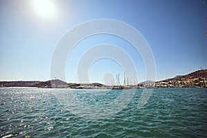 View of Aegean sea, traditional white houses marina from Bodrum Castle, Turkey