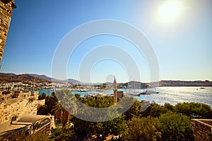 View of Aegean sea, traditional white houses marina from Bodrum Castle, Turkey