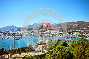 View of Aegean sea, traditional white houses marina from Bodrum Castle, Turkey