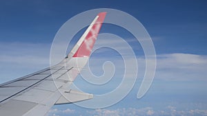 view through aeroplane plane window with view of airplane\'s wing with winglet and clear blue sky with some cloud while