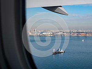 View from an aeroplane window as it prepares for take off